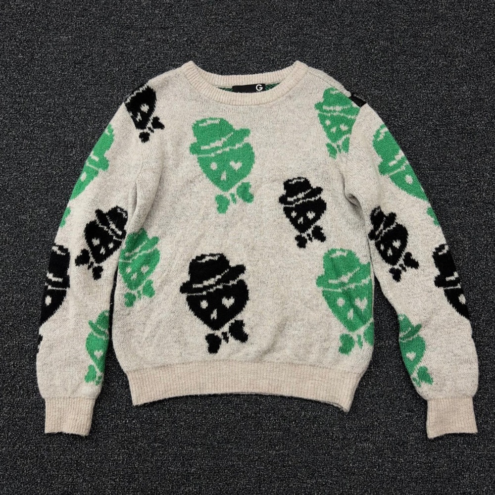 G by Guess Wool Blend Knit Sweater Mens M Oatmeal Green Skull Top Hat Bow tie
